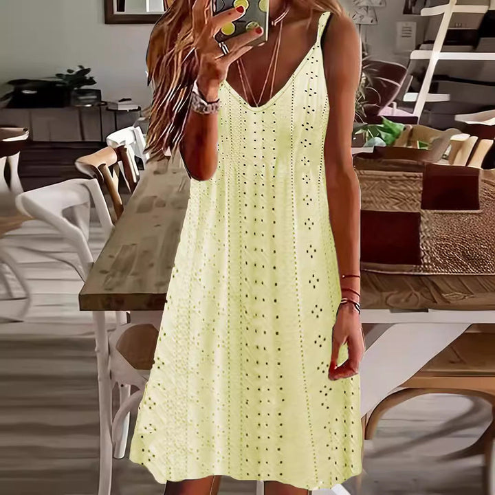Damen Ärmelloses Sommerkleid mit dekorativem Lochmuster und V-Ausschnitt Drune