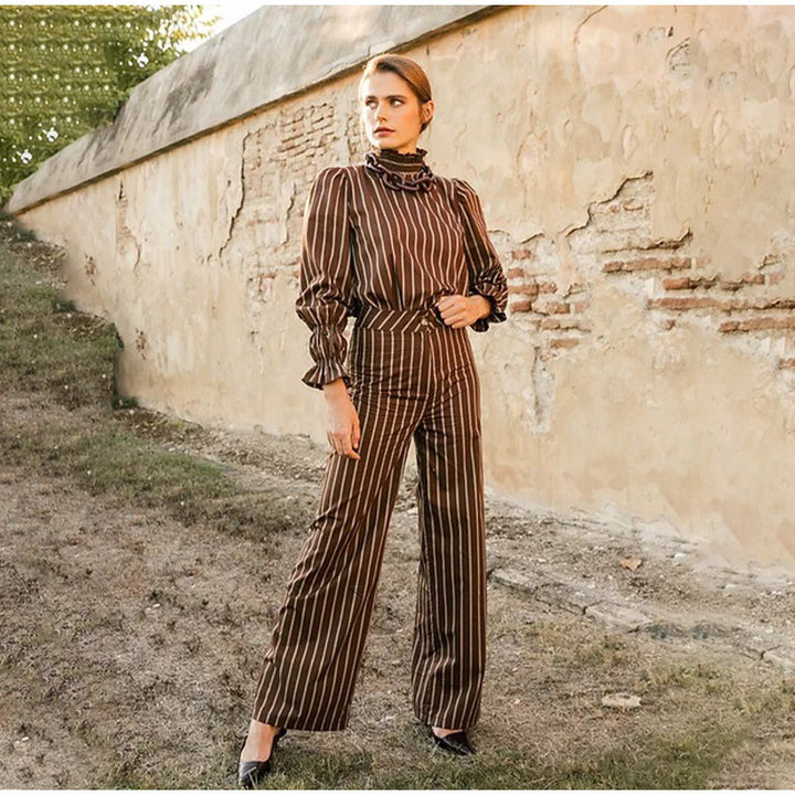 Damen gestreiftes Hosenanzug-Set mit voluminösen Ärmeln und Rüschendetails Drune