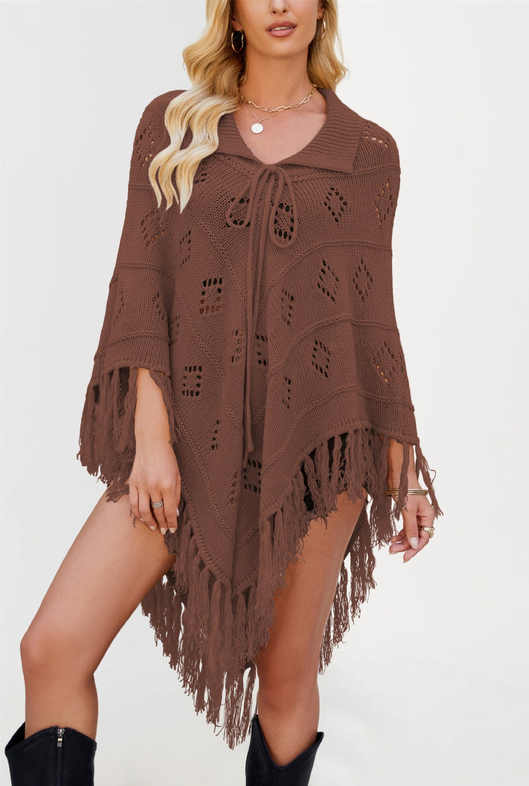 Damen Eleganter Strickponcho mit Fransen und Lochmuster Drune
