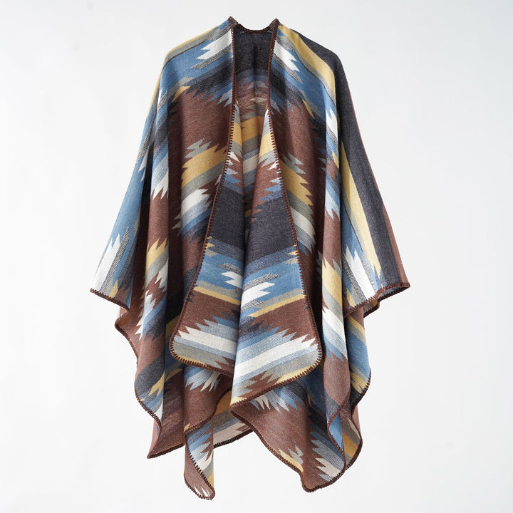 Damen Gewebter Azteken‑Poncho im Oversize‑Überwurf mit Zierkettelnaht Drune
