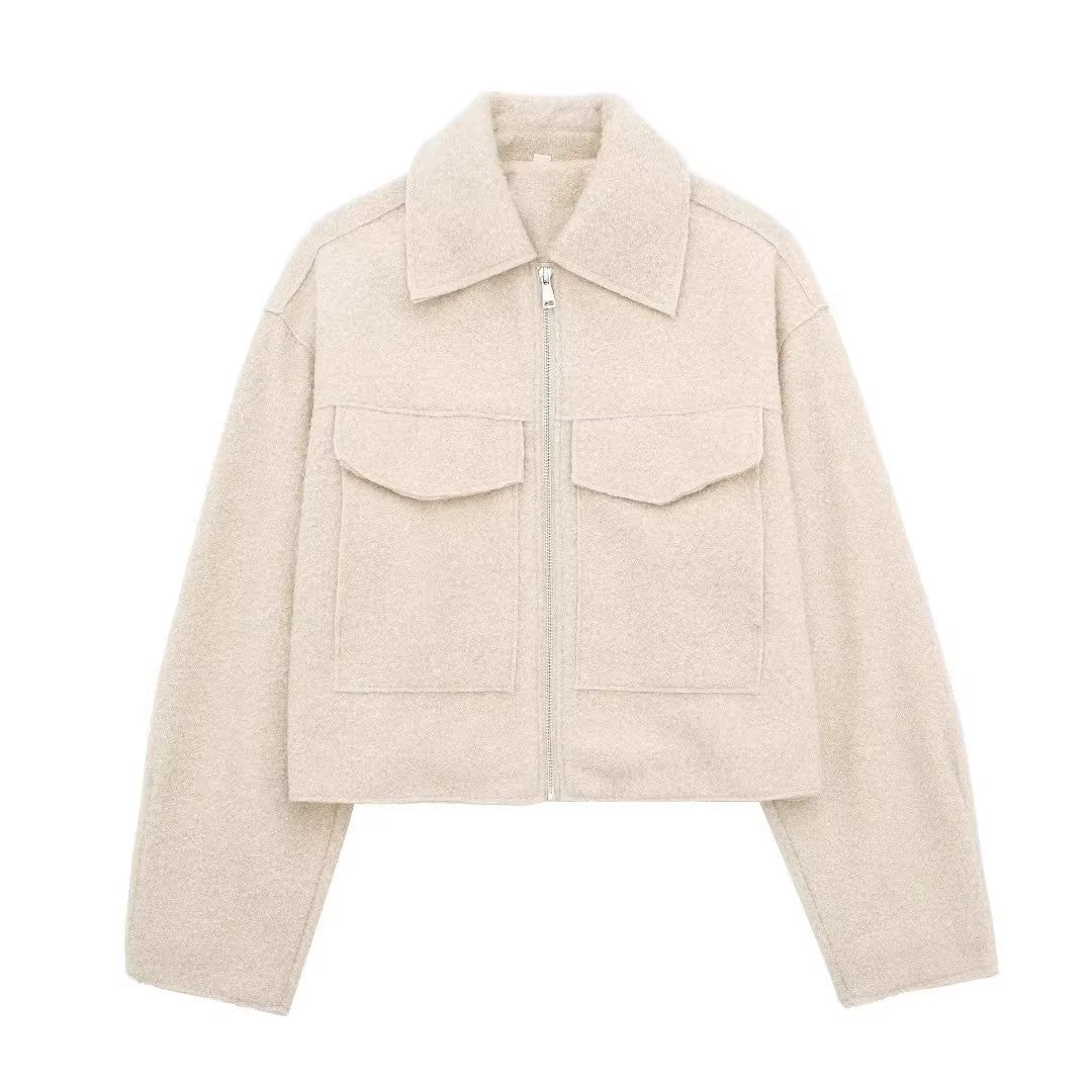 Damen Kurzgeschnittene Sherpa-Jacke mit Reißverschluss und aufgesetzten Pattentaschen Drune