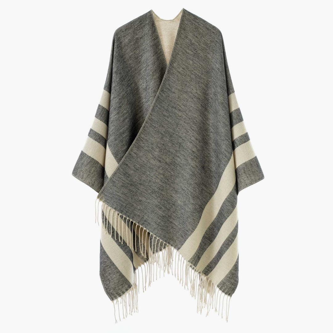 Damen Großer Wollmix Fransenponcho mit diagonalen Kontraststreifen Drune