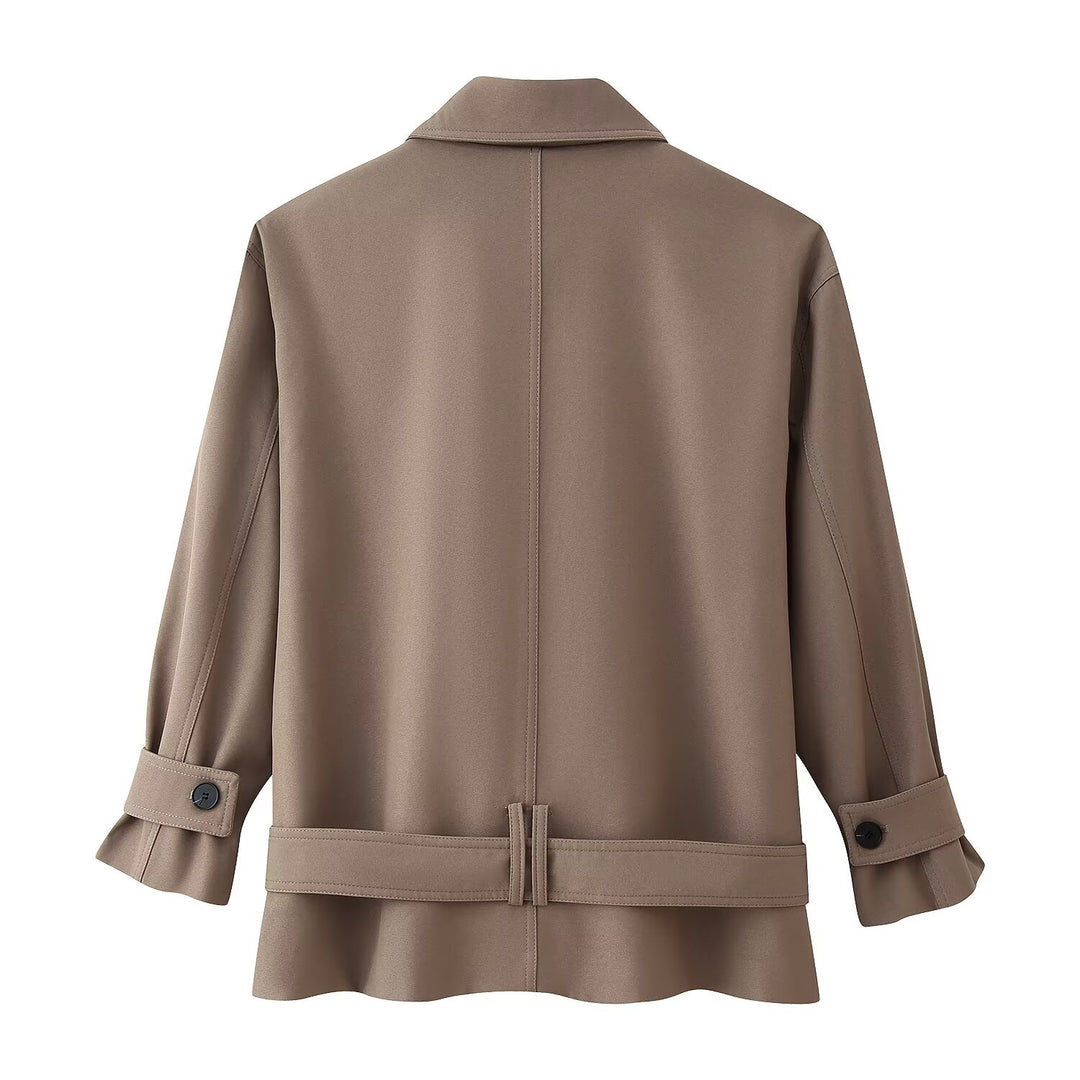 Damen Kurzer doppeltreihiger Trenchcoat mit Stehkragen und Taillengürtel Drune