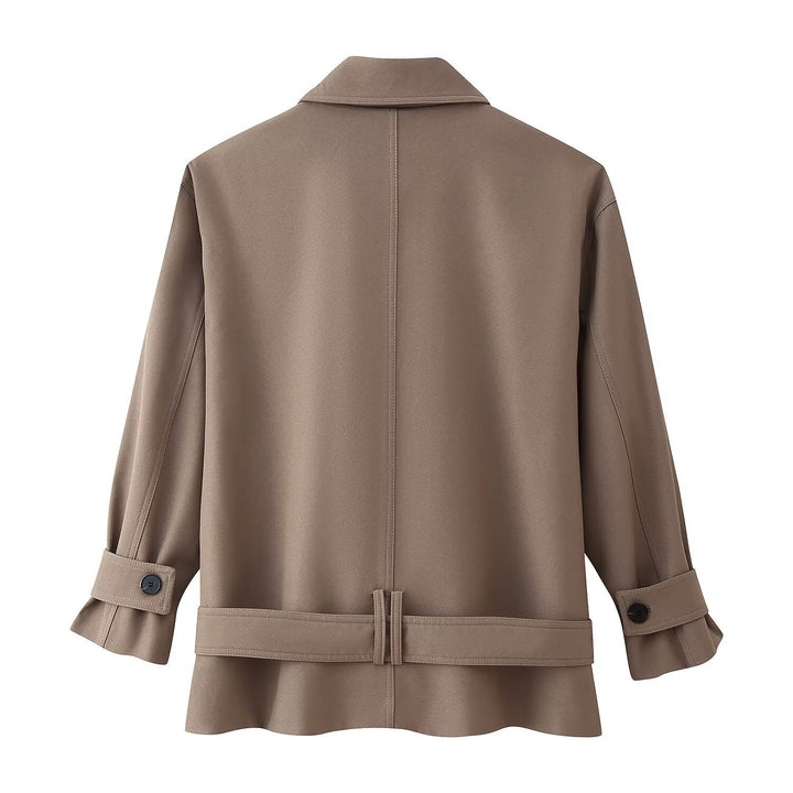Damen Kurzer doppeltreihiger Trenchcoat mit Stehkragen und Taillengürtel Drune