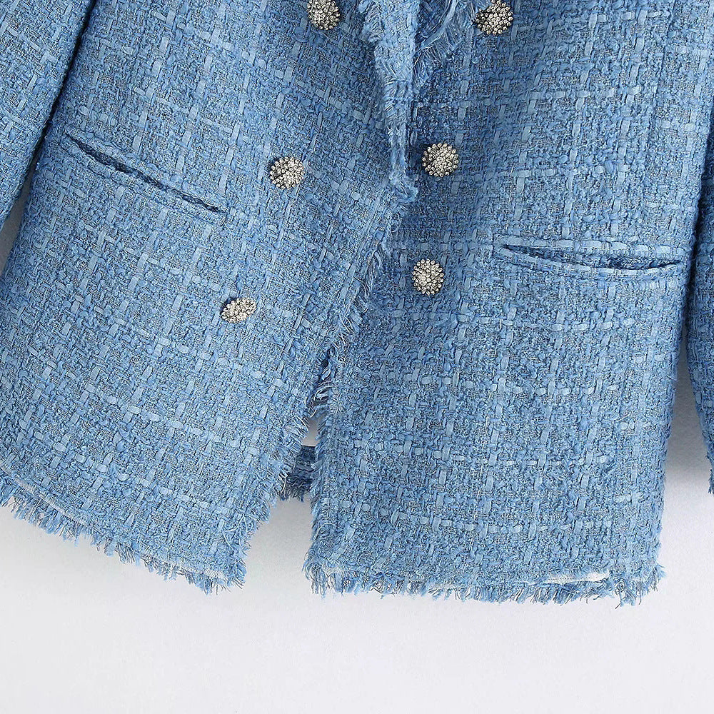 Damen Doppelreihiger Bouclé-Tweed-Blazer mit Fransenbesatz Drune