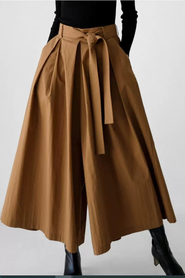Damen Weite Culotte‑Hosenrock mit Kellerfalten und Bindegürtel Drune