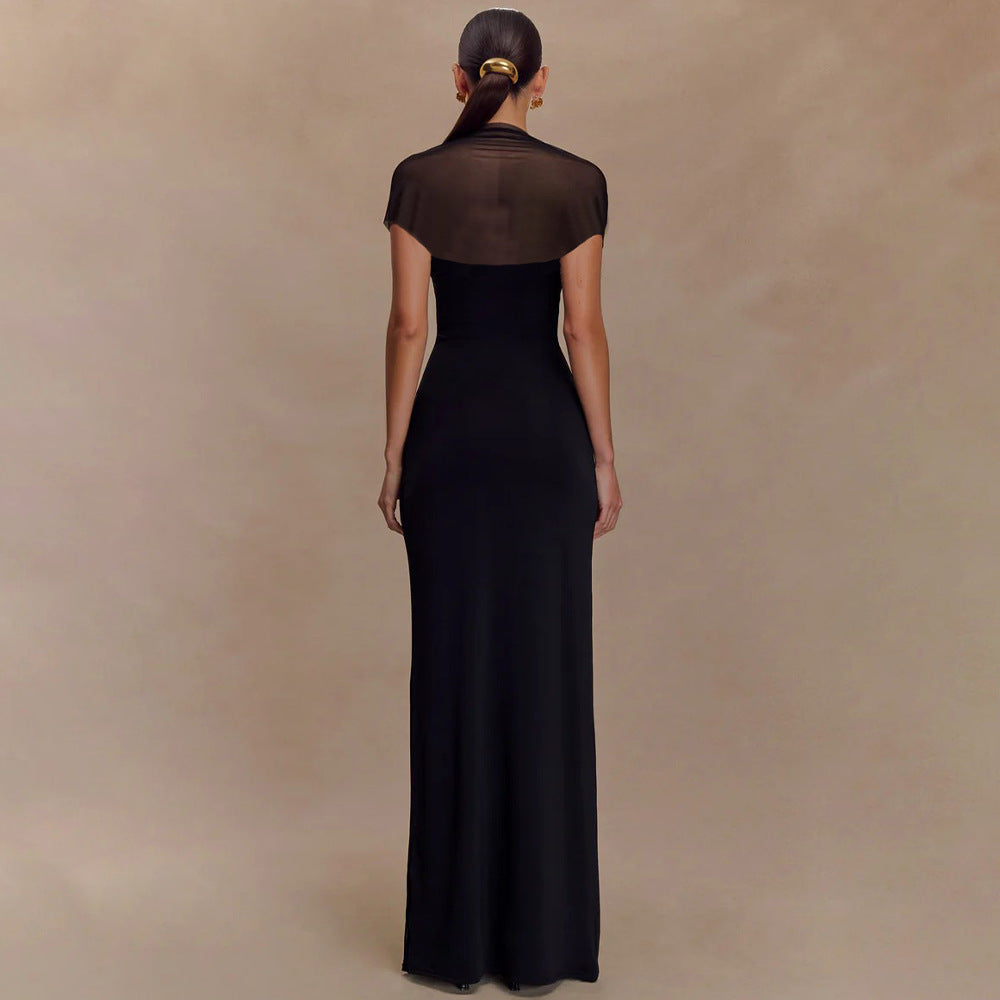 Damen elegantes Maxikleid mit schulterfreier Raffungen Drune