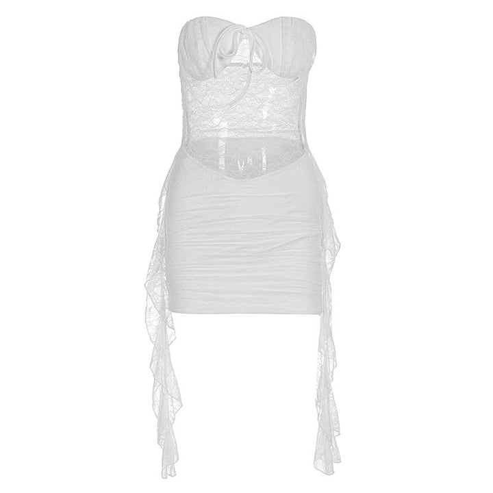Damen sexy Minikleid mit Spitzenoberteil und verspieltem Saum Drune