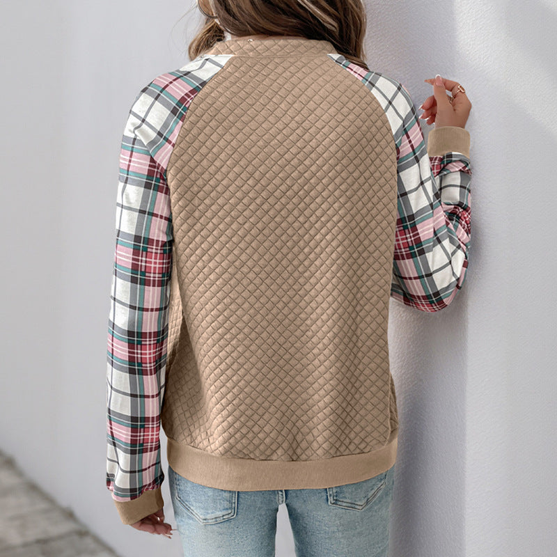 Damen Gesteppter Raglan-Sweatpullover mit halbem Reißverschluss und Karoärmeln Drune