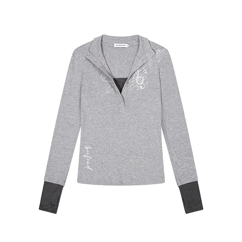 Damen Langarmshirt mit Henley-Knopfleiste, Kontrastbündchen und Notenprint Drune
