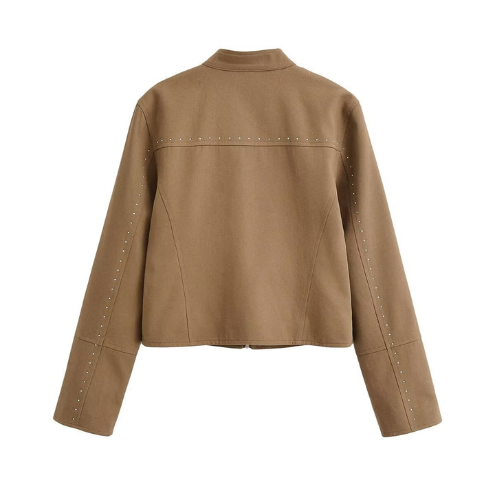 Damen Kurze Bikerjacke aus Wildlederimitat mit Nietenbesatz und Stehkragen Drune