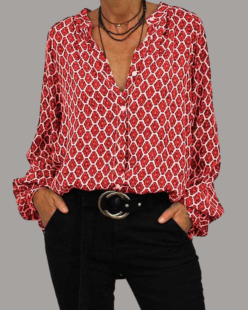 Damen Loose Fit Viskose-Mix Bluse mit V-Ausschnitt, Knopfblende und Ballonärmeln Drune