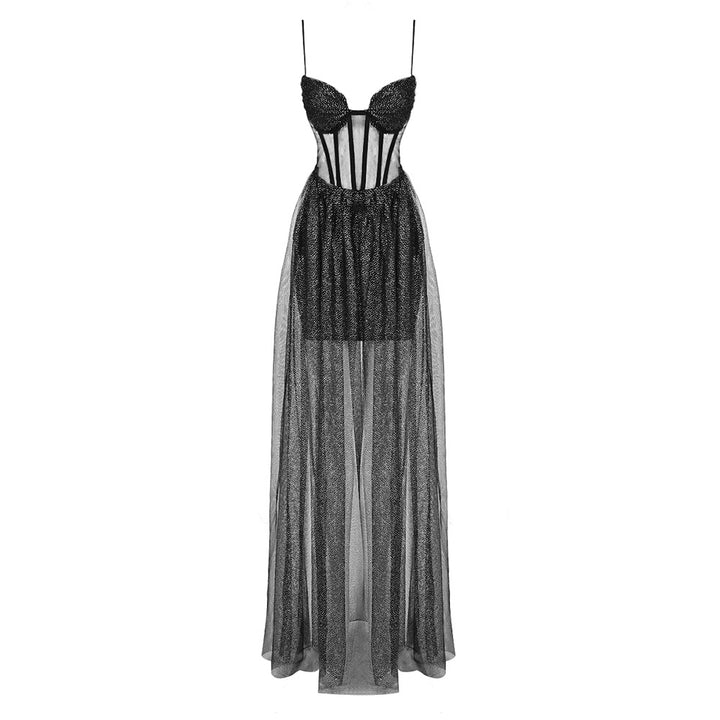 Damen glamouröses Abendkleid mit transparentem Rock und eleganten Details Drune