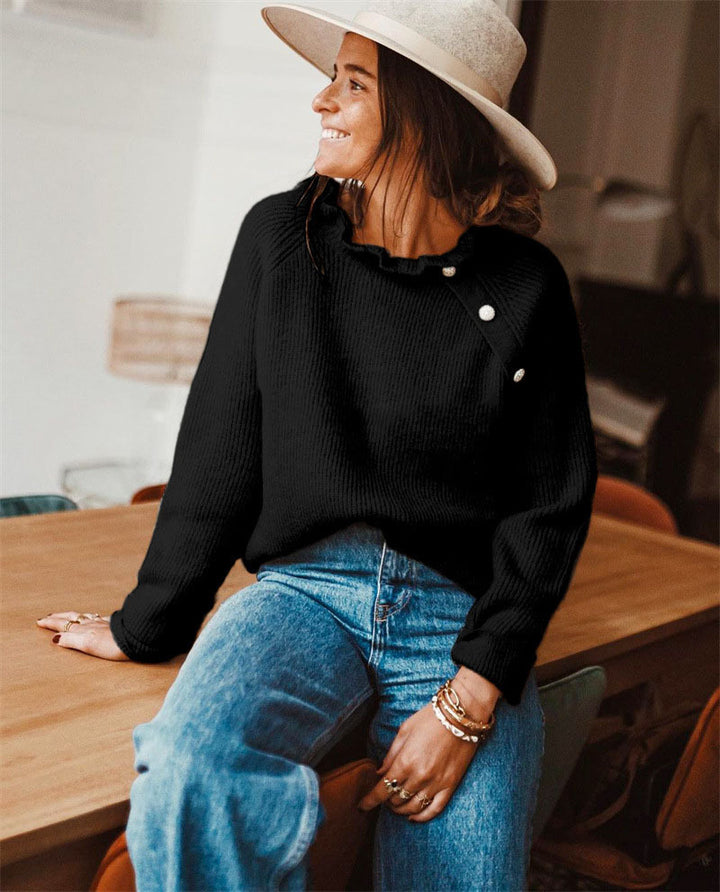 Damen Rippstrickpullover mit Rüschenkragen und seitlicher Knopfleiste Drune