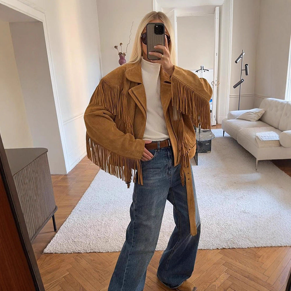 Damen Lederjacke mit Fransen und Taillengürtel Drune
