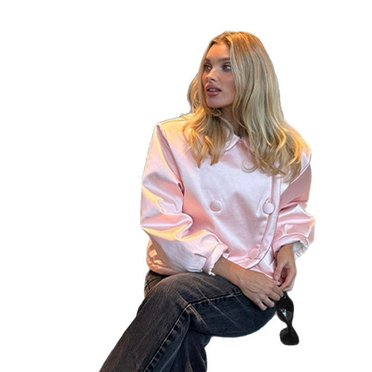 Damen Kurzgeschnittene gesteppte Jacke mit asymmetrischer Doppelknopfreihe und voluminösen Ärmeln Drune