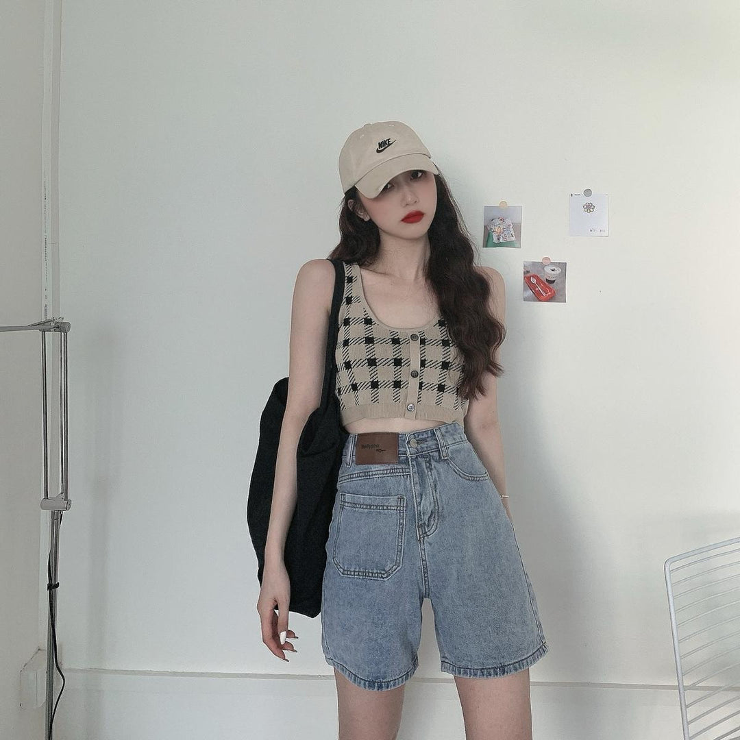 Damen Cropped Top mit Karomuster und Knopfdetail Drune
