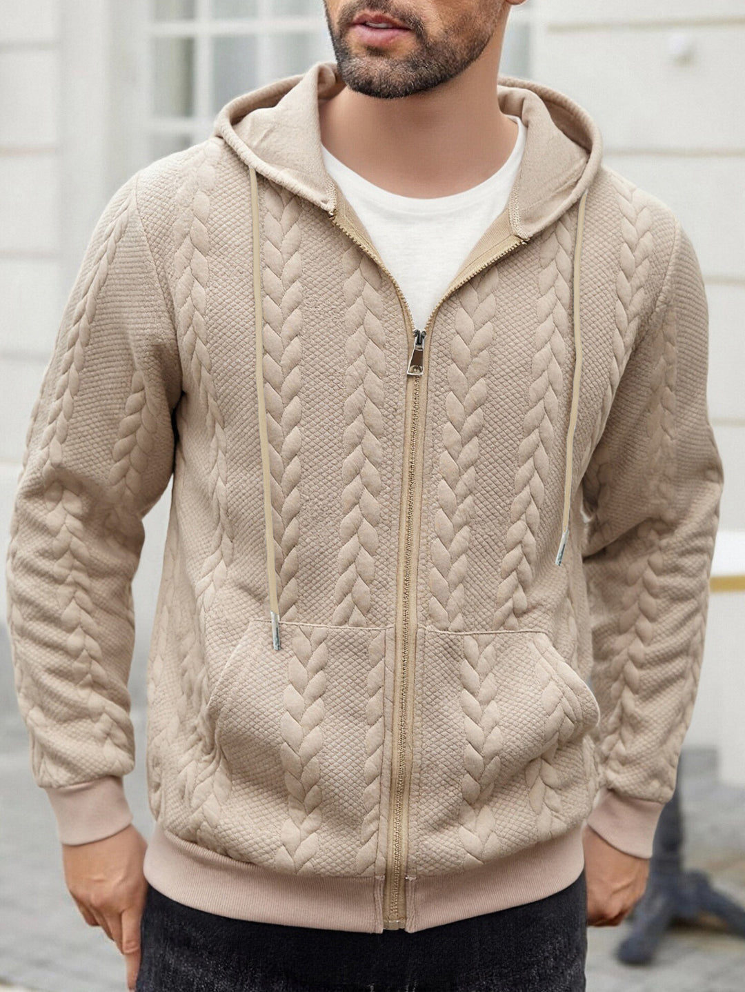 Herren strukturierte Kapuzen-Sweatjacke mit Zopfmuster, durchgehendem Reißverschluss und Kängurutasche Drune