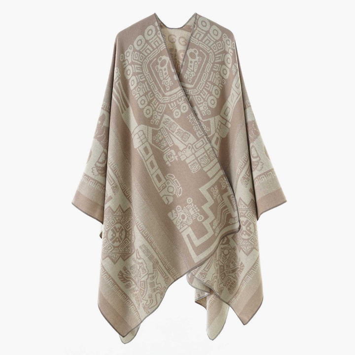 Damen Oversize‑Jacquard‑Wrapcape mit geometrischem Aztekenmuster Drune