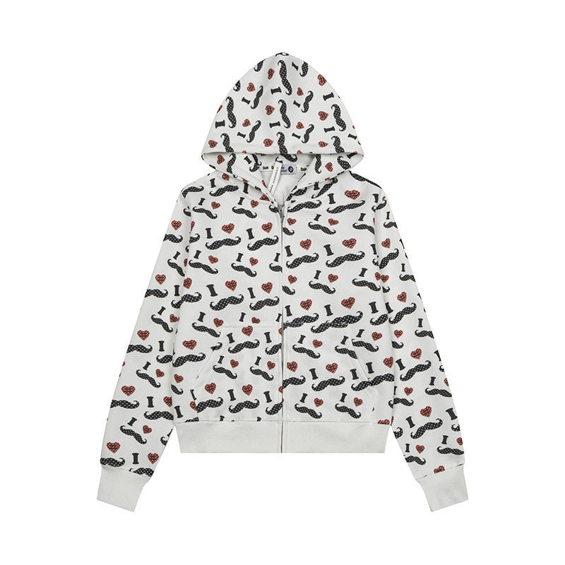 Damen Kurze Kapuzen‑Sweatjacke im Grafik-Print mit Rippbündchen und Kängurutaschen Drune