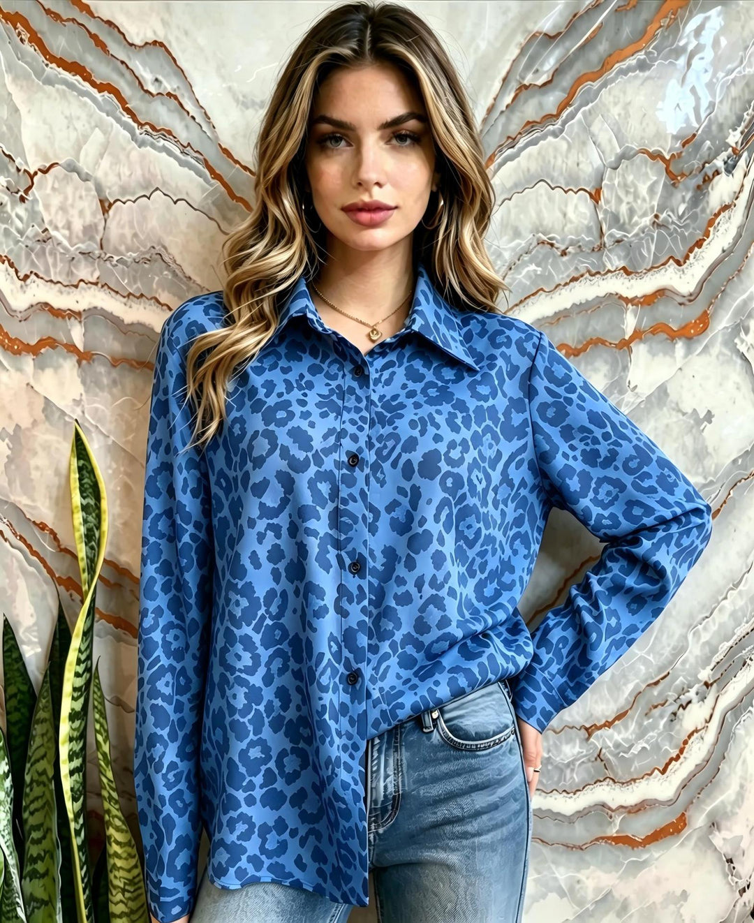 Damen Satin-Leopardenmuster Button-Up Bluse Drune