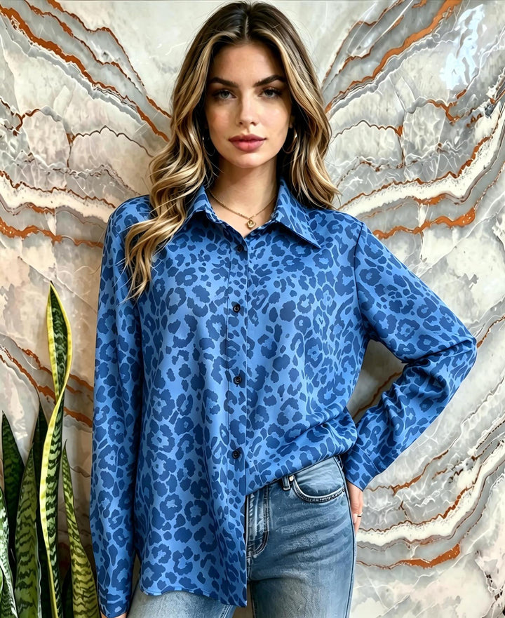 Damen Satin-Leopardenmuster Button-Up Bluse Drune