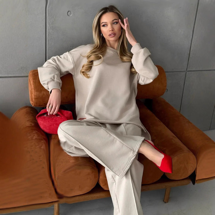 Damen eleganter Lounge-Zweiteiler mit Oversize-Sweatshirt und taillierter Weitbein-Hose Drune