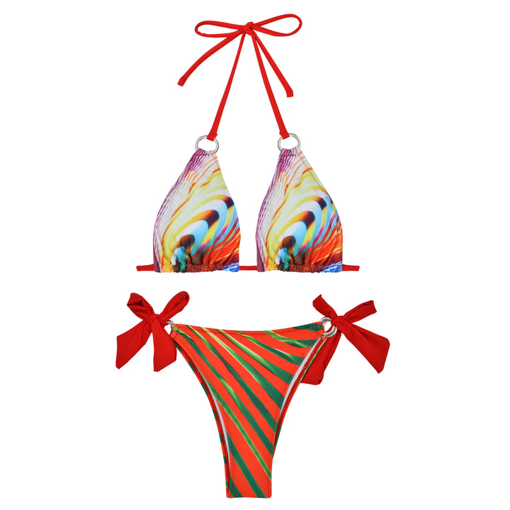 Damen Triangel-Bikini mit stylischen Schleifen und buntem Streifenmuster Drune