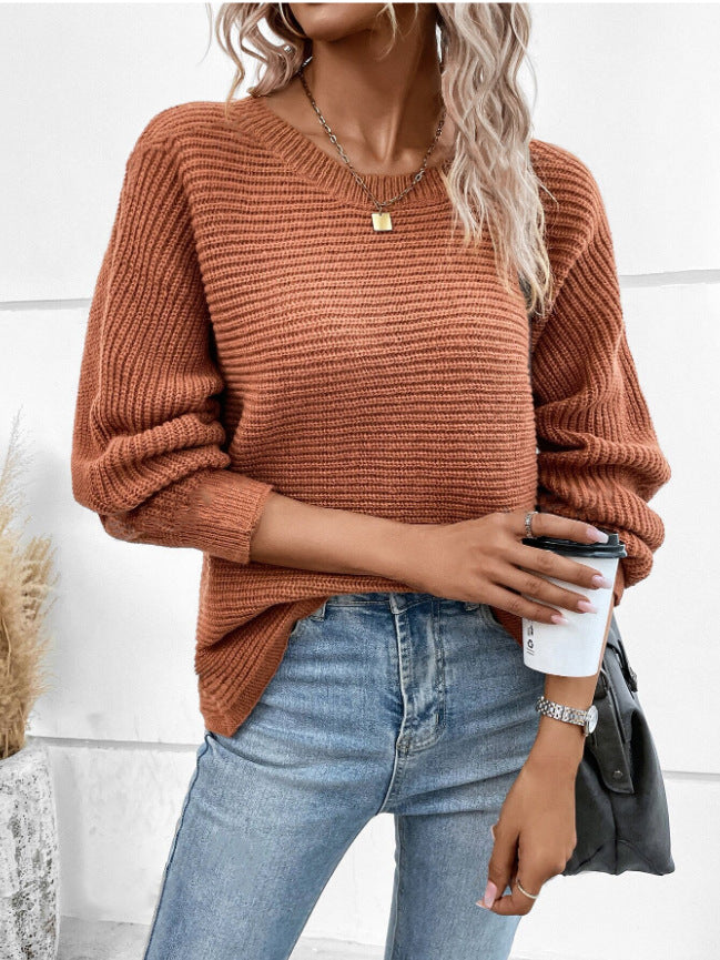 Damen lässiger Strickpullover mit kontrastierenden Texturen und V-Ausschnitt Drune