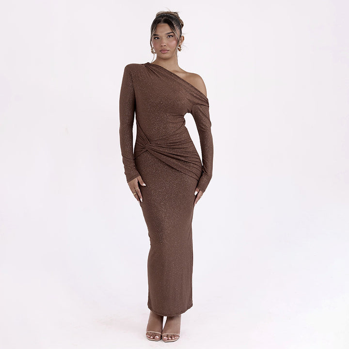 Damen Elegantes Maxikleid mit asymmetrischem Oberteil und Drapierung Drune