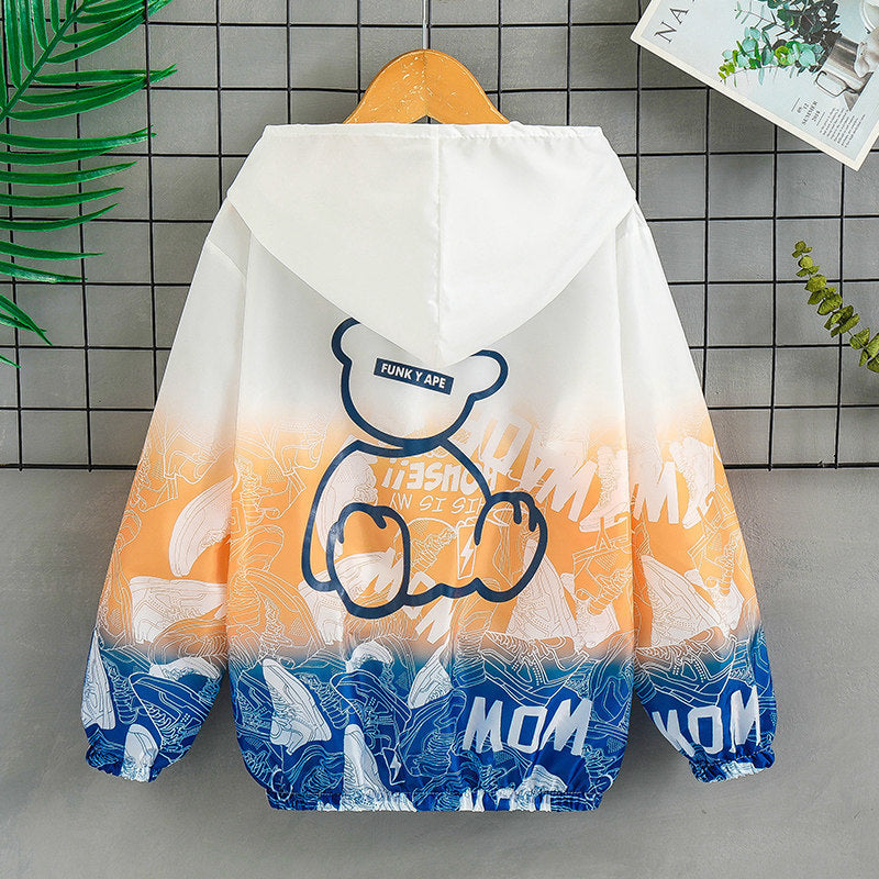 Unisex nan leichte Kapuzenjacke mit Comic-Bären-Print, Windbreaker-Stoff und elastischem Saum  Drune