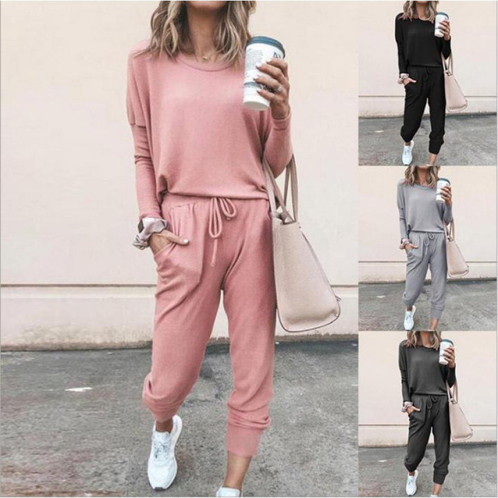 Damen Lässiges Lounge-Set mit Rundhalsausschnitt, Kordelzug-Hose und Bündchen Drune