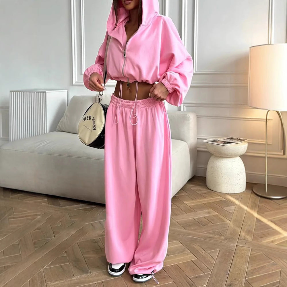 Damen Loungewear-Set Drune mit tailliertem Kordelzug-Cropped-Hoodie und weiter High‑Waist Palazzo-Jogginghose