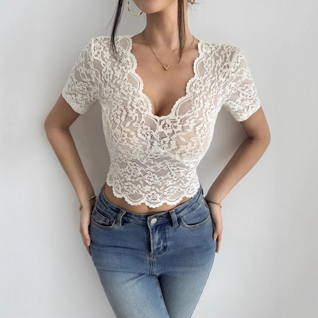 Damen nan kurzes figurbetontes Spitzen-Croptop mit V-Ausschnitt, gewelltem Saum und elastischer Floralmuster-Spitze Drune