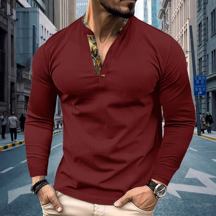Herren nan langärmeliges Henley-Shirt mit Stehkragen und gemustertem Knopfleistenbesatz Drune