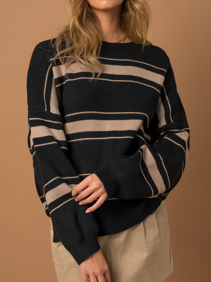 Damen lässiger Strickpullover mit übergroßen Ärmeln und modernen Streifen Drune