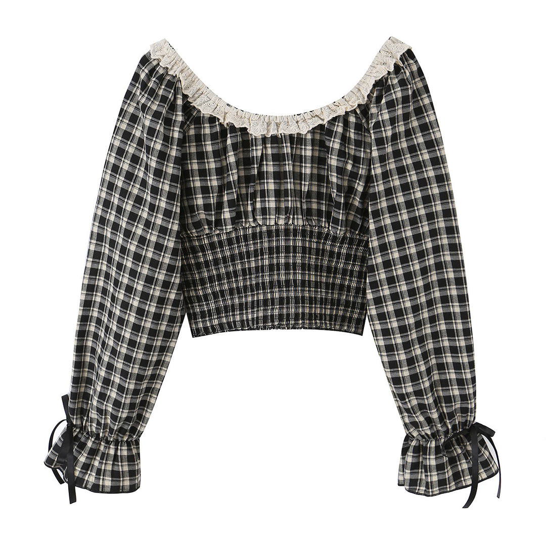 Damen Karierte Carmen-Bluse mit Rüschenkragen, Bindebändern und geraffter Cropped-Silhouette Drune