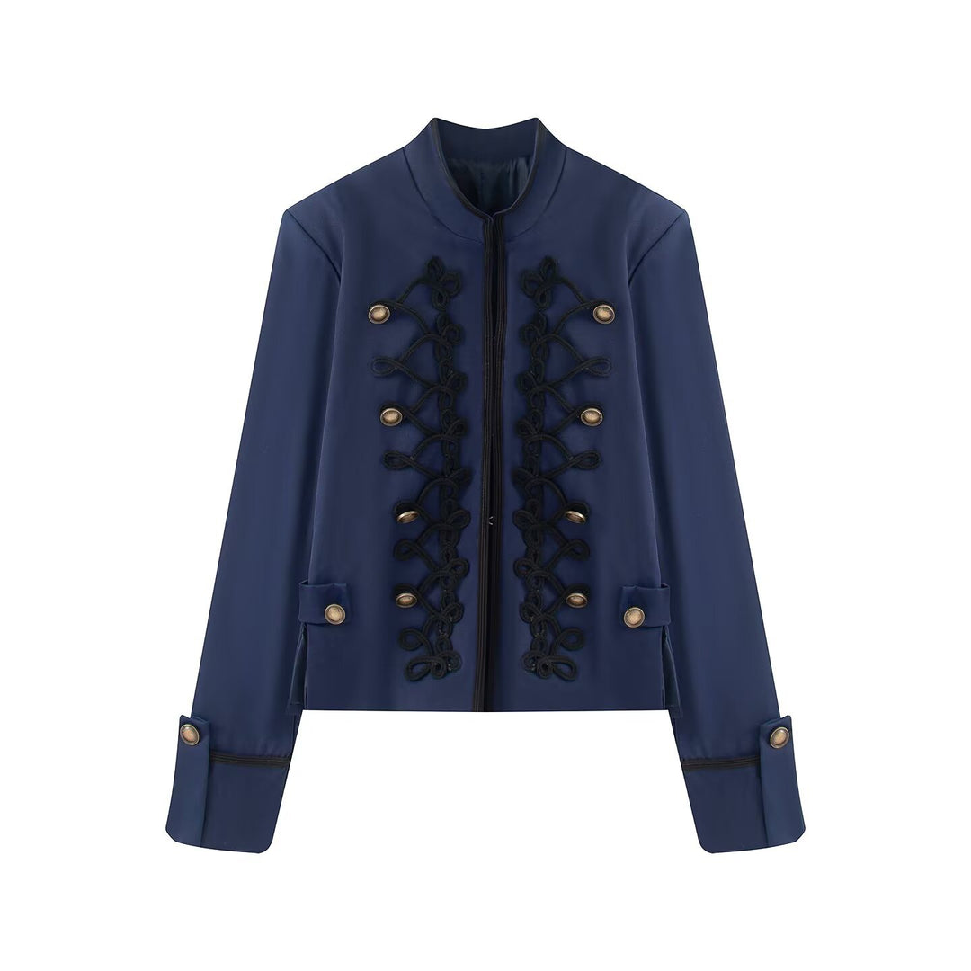 Damen Kurzjacke im Militärestil mit Stehkragen Kordverzierung und Zierknöpfen Drune