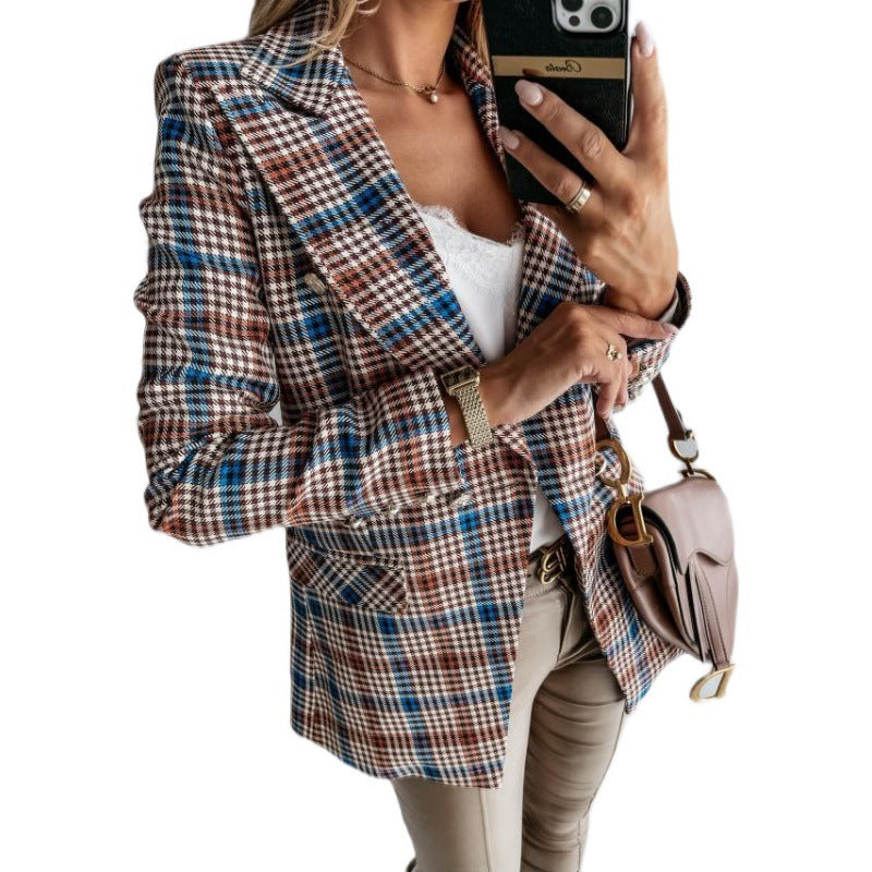 Damen stylische Blazerjacke mit doppelter Knopfleiste und eleganten Silberdetails Drune