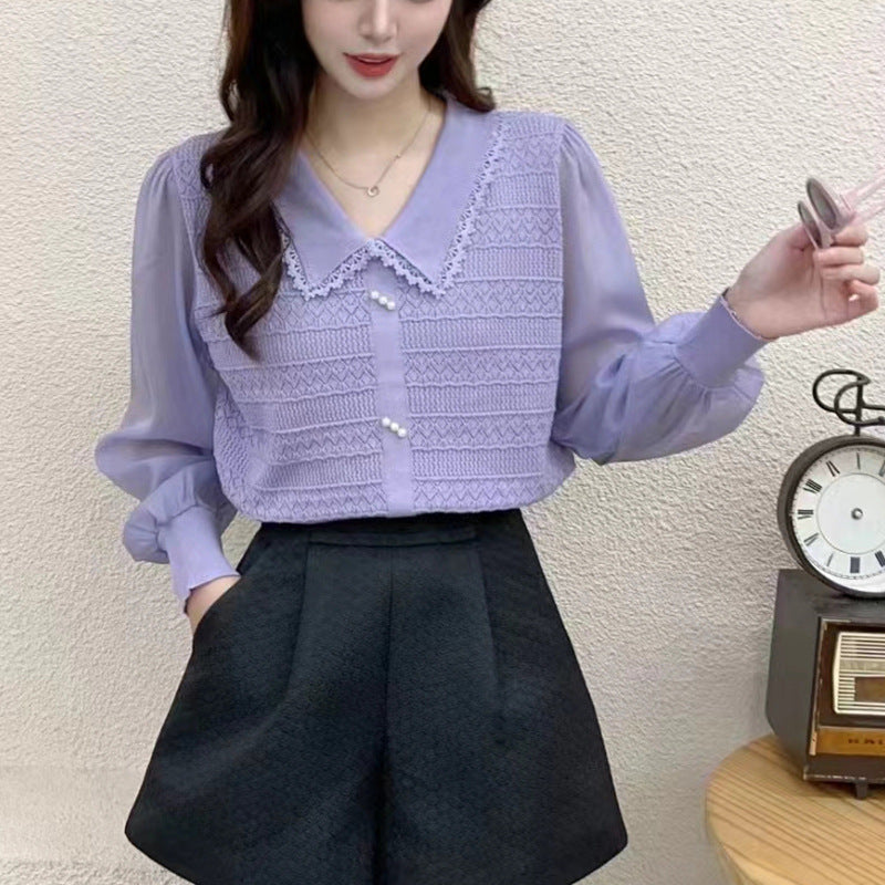 Damen Bluse mit Spitzenkragen und dekorativen Knöpfen