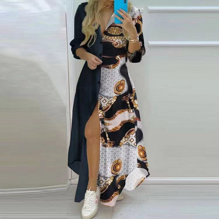 Damen Langarmhemdmaxikleid mit grafischem Muster und seitlichem Schlitz Drune