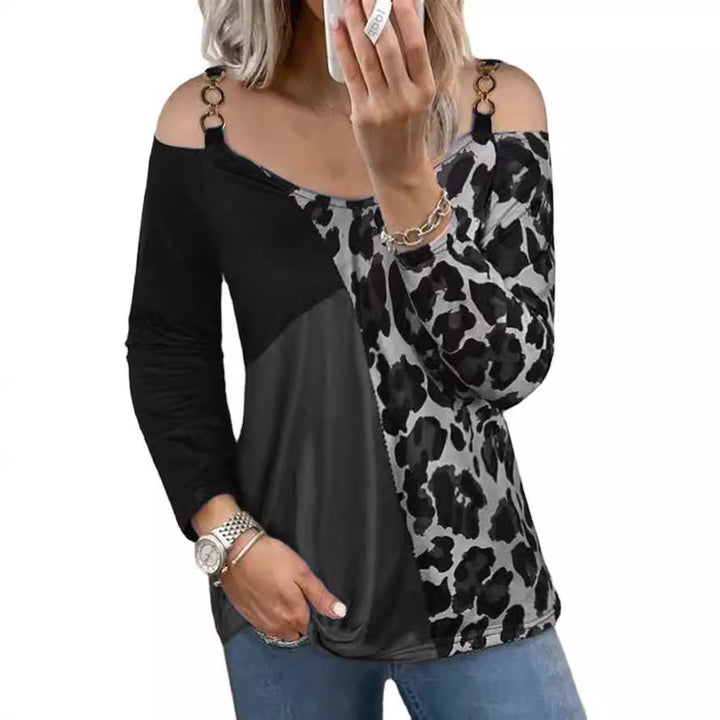 Frauen Off-Shoulder Patchwork Langarm mit Leopardenmuster und Ringdetail-Trägerdrune