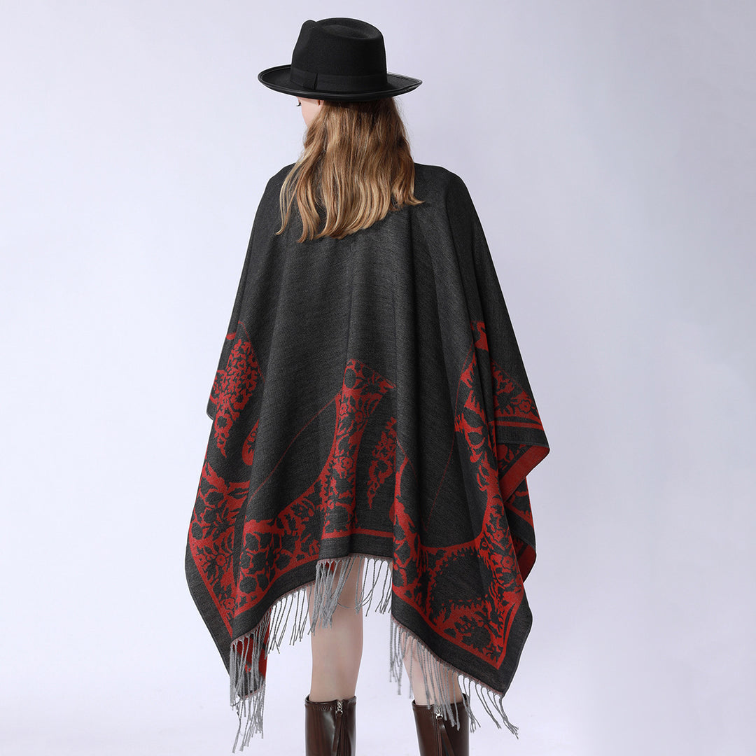 Damen Wendbarer Feinstrick-Poncho mit Jacquardmuster und Fransensaum Drune