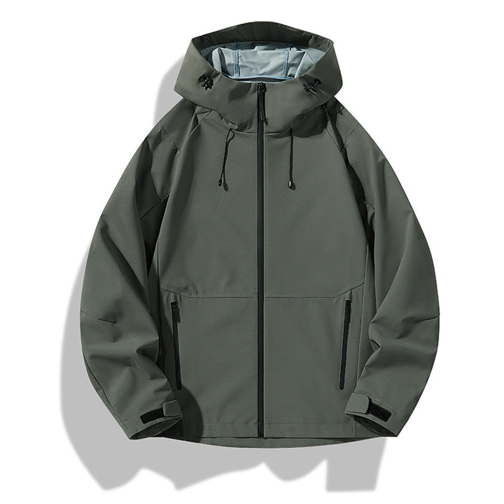Herren Minimalistische Softshell-Regenjacke mit TPU‑Membran, verschweißten Nähten und verstellbarer Kapuze Drune