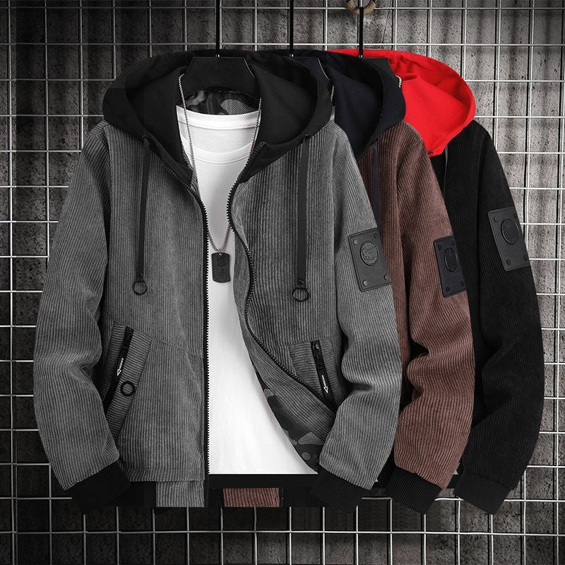Herren Modische Cordjacke mit abnehmbarer Kapuze Drune