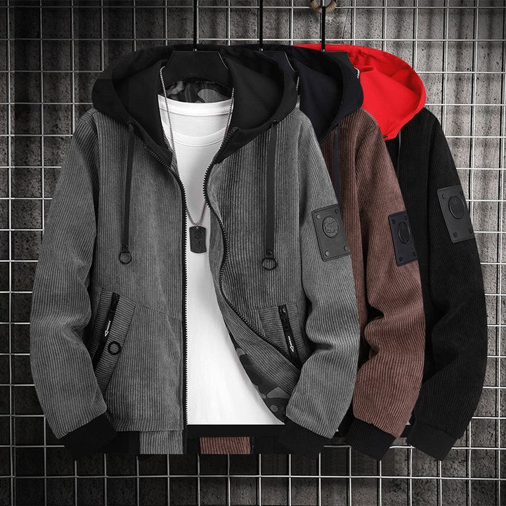 Herren Modische Cordjacke mit abnehmbarer Kapuze Drune