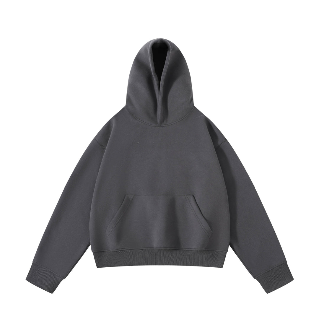 Unisex schwerer Oversize-Kapuzenpullover mit doppellagiger Kapuze Kängurutasche und breitem Rippbund Drune
