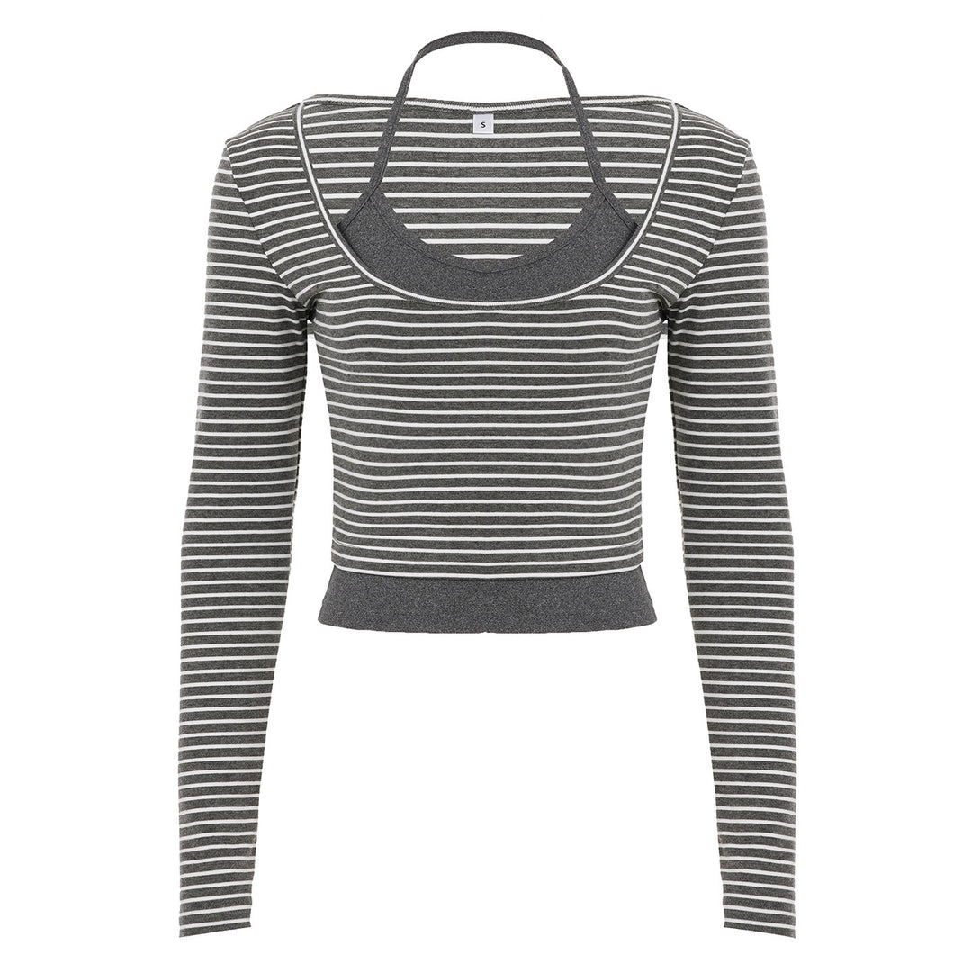 Damen Enges Layering-Longsleeve mit tiefem U-Ausschnitt und integrierter Camisole Drune
