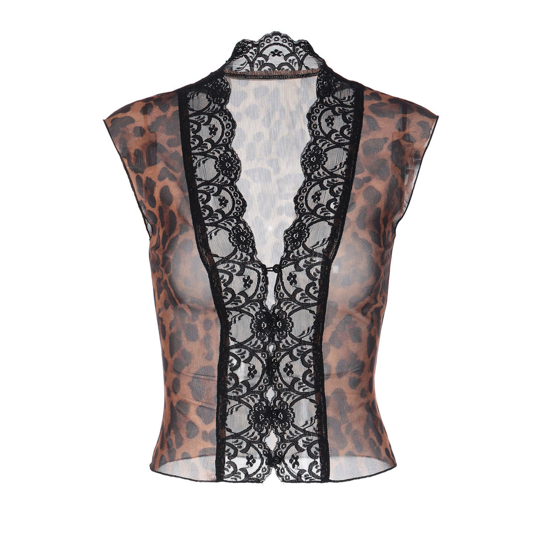 Damen Transparente Spitzenbluse mit Leopardenmuster Drune 1778568971