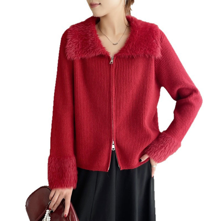 Damen Strickjacke mit luxuriösem Kunstfellkragen und Rippstrick Drune